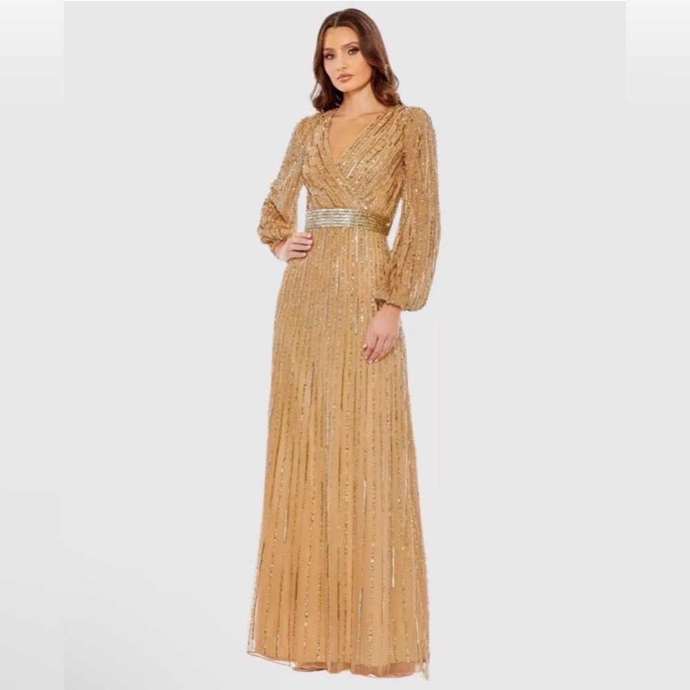 Mac Duggal Embellished Wrap Over Puff Sleeve Gown In Gold Size 8 New